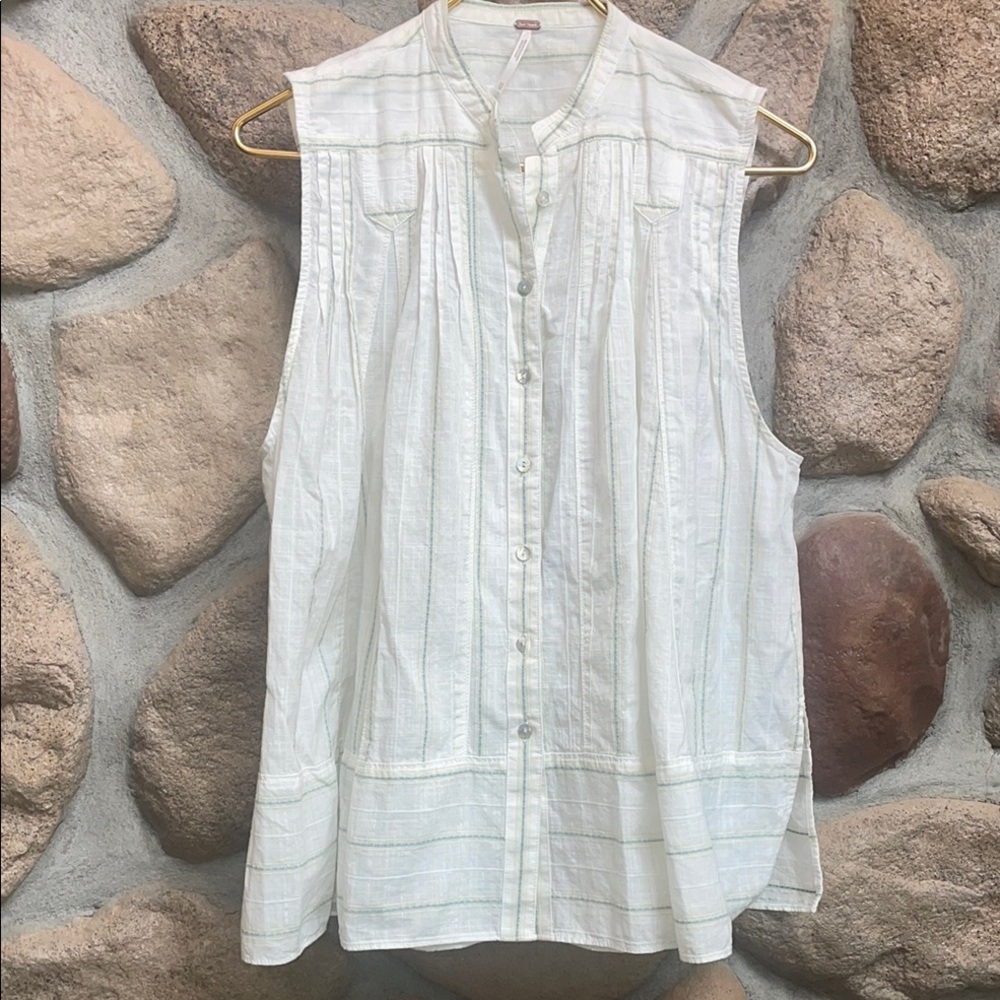 Free People White Sleeveless Button Down tunic Blouse